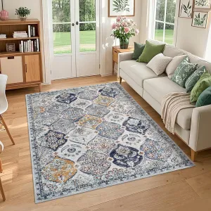 Washable Rugs for Living Room 9x12 Large Non-Slip Vintage Distressed Trellis Print Carpet Blue Orange