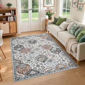 Washable Rugs for Living Room 9x12 Large Non-Slip Vintage Distressed Trellis Print Carpet, Low Pile Stain-Resistant Foldable Indoor Floor Covering, Multi