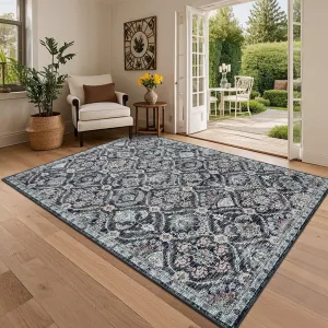 Washable 9x12 Rugs for Living Room Large Boho Rug Low Pile Soft Bedroom Throw Mats Retro Trellis Navy Ultra Thin Non-Slip Carpet