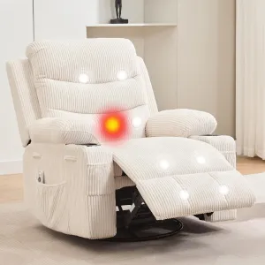 Swivel Recliner Chair for Elderly, Nursery, Oversized Chair with Heat & Massage, Corduroy Adjustable Recliner with Cup Holders & Side Pocket for Living Room, Beige