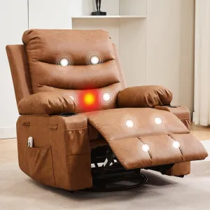 Recliner Chair for Elderly, Swivel Rocker Recliner Chair with Massage & Heat, Storage Pockets & Cup Holders, Leather Recliner Chair for Living Room & Nursery, Vintage Brown