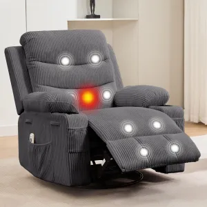 Recliner Chair Nursery, Oversized Manual Reclining Rocking Chair, Corduroy 360 Swivel Glider with Cup Holder, Massage and Heat Recliner, Small Sofa Chairs for Adults, Living Room, RV, Bedroom, Gray