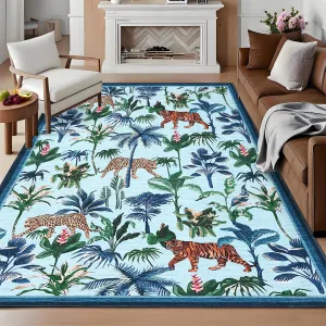 Blue Tiger 5x7 Washable Rug Tropical Jungle Plant Non-Slip Low Pile Stain Resistant Blue Living Room Bedroom Decor
