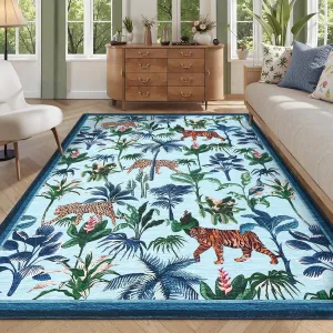 Blue Tiger 9x12 Area Rug - Botanical Jungle Print, Washable & Non-Slip, Soft Polyester, Stain-Resistant Low Pile, Kid & Pet Friendly, Living Room & Bedroom