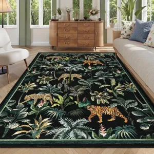 Black Tiger 8x10 Living Room Washable Rug Tropical Jungle Plant Design Non-Slip Low Pile Stain Resistant Black for Bedroom and Home Decor