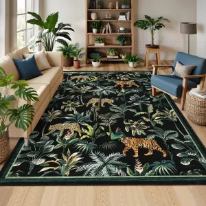 Black Tiger 9x12 Area Rug - Washable, Non-Slip, Low Pile Polyester - Stain-Resistant, Soft, Foldable - Living Room, Bedroom, Office