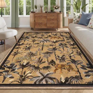 Brown Tiger 10x13 Large Area Rug Tropical Jungle Plant Washable, Non-Slip Rubber Backing, Low Pile, Stain Resistant, Non-Shedding Carpet for Living Room Bedroom