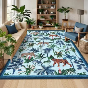 Blue Tiger 8x10 Area Rug Washable Non-Slip Low Pile Polyester Stain-Resistant Foldable for Living Room Bedroom Office Nursery
