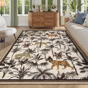 Taupe Tiger 9x12 Washable Area Rug - Tropical Jungle Design, Non-Slip & Stain Resistant, Low Pile, Non-Shedding, Taupe - Living Room & Bedroom