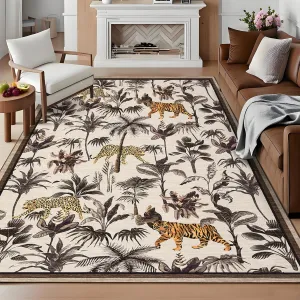Taupe Tiger 5x7 Washable Rug Tropical Jungle Plant Non-Slip Low Pile Stain Resistant Taupe Living Room Bedroom
