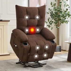 Power Lift Recliner Chair for Elderly, Oversized Standing Chair Recliner with Massage & Heat, Soft Padded Upholstery, Side Pocket & Cup Holders for Living Room, Bedroom, Brown