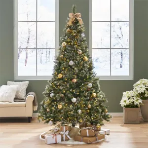 7Ft Artificial Christmas Trees Decorations, Hinged Xmas Tree with 78 Frosted Pine Cones and 650 Clear LED Lights, for Home Party Decorations