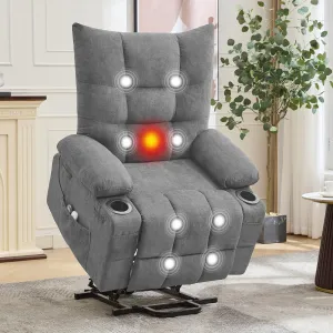 Power Lift Recliner Chair for Elderly, Oversized Standing Chair Recliner with Massage & Heat, Soft Padded Upholstery, Side Pocket & Cup Holders for Living Room, Bedroom, Gray