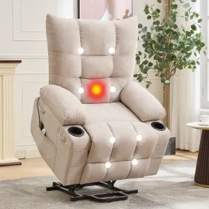 Power Lift Recliner Chair for Elderly, Oversized Standing Chair Recliner with Massage & Heat, Soft Padded Upholstery, Side Pocket & Cup Holders for Living Room, Bedroom, Beige