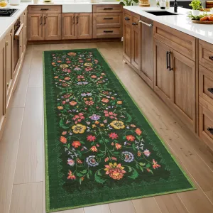 Protea Floral Rug 2x6 Runners for Hallways, Boho Kitchen Runner Rugs, Non Slip Bath Runners, Forest Green