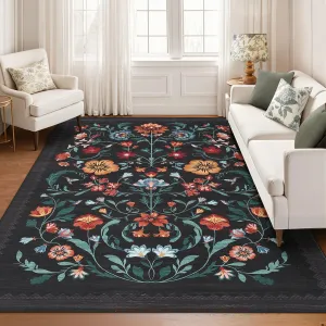 Washable Rug 8x10 Floral Area Rug for Living Room Bedroom Dining Room Black Low Pile Non Slip