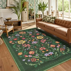 Washable Rug 5x7 Area Rugs Protea Floral Soft Boho Non Slip Rubber Back Forest Green