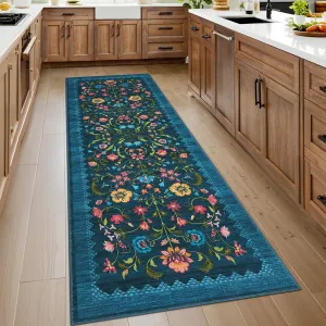 Floral Rug Teal 2x6 Runners Non Slip Boho Kitchen Runner Rugs Vintage Washable Soft