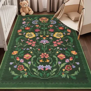 Floral Rugs 10x13 Area Rug Vintage Non Slip Soft Low Pile Stain Resistant Green for Living Room Bedroom Dining Room Office Nursery