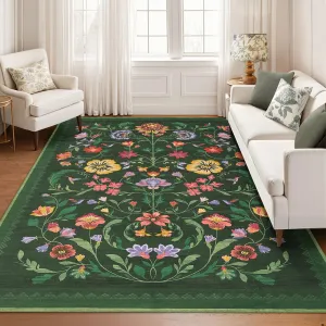 Washable Rug 8x10 Area Rug Floral Vintage Boho Non Slip Soft Forest Green for Living Room Bedroom Dining Room