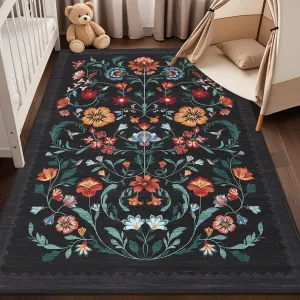 Washable Rug 5x7 Floral Non Slip Area Rug for Living Room Bedroom Black