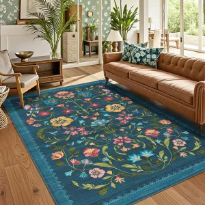 Washable Rug 9x12 Area Rugs Floral Non Slip Soft Vintage Blue for Living Room Bedroom Dining Room