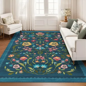 Washable Rug 8x10 Floral Vintage Boho Area Rug for Living Room Bedroom Blue Non Slip Low Pile