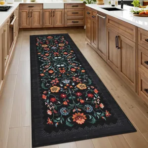 Floral Rug 2x6 Runner for Hallways, Boho Kitchen Non Slip Bath Runner, Vintage Washable Soft Long Rug Black