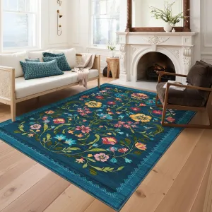 Large Washable Rugs Non Slip Floral Area Rug for Living Room Bedroom 10x13 Blue