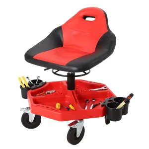 Rolling Mechanic Stool, 300 lbs Capacity, Height Adjustable 19''-24'' Soft Cushion Steel Frame Tool Tray Lockable Swivel Wheels Red Garage Workshop