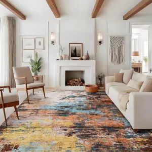 Abstract Living Room Rug 8x10 Ultra-Soft Pearl Velvet Machine Washable Non-Slip Backing Low Pile Yellow Indoor Use