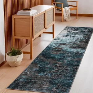 Washable Area Rug 2x6, Abstract Print, Non-Slip, Pearl Velvet, Low Pile, Stain Resistant, Mountain Blue, Indoor Bedroom Kitchen Laundry