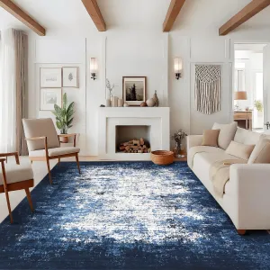Large Area Rugs 9x12 Blue Washable Stain-Resistant Low Pile Indoor Floor Mat for Dining Room Bedroom Living Room