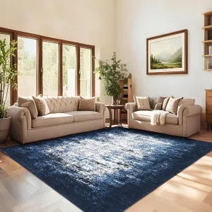 6x9 Abstract Painted Pattern Thin Indoor Rug, Soft Low Pile Area Mat, Blue, Living Room Bedroom Hallway Study