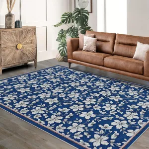 Floral Rug 8x10 Washable Non-Slip Boho Soft Bedroom Carpet Blue for Living Room Dining Room Nursery Home Decor