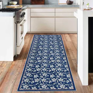 Rug Runner 2x6 Floral Washable Non Slip Stain Resistant Soft Carpet for Hallways Entryway Blue