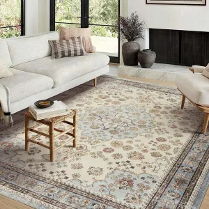 Washable Area Rug Vintage Foldable Thin Soft Low-Pile Non-Slip Stain Resistant Carpet Beige 5x7ft Indoor Outdoor