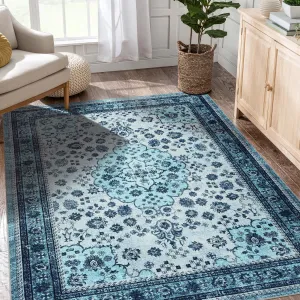 Area Rug Floral Washable Non-Slip Low-Pile Rugs for Living Room Kitchen Soft Paisley Design 0.3 Inch Thickness