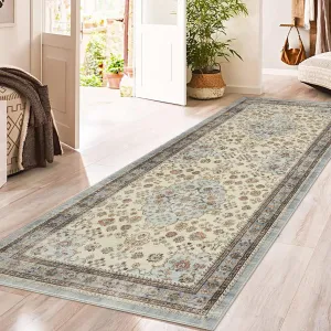 Washable Area Rug Vintage Foldable Thin Soft Low-Pile Non-Slip Stain Resistant Carpet Beige 2x6ft Indoor Outdoor