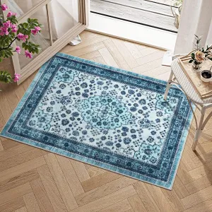 Washable Area Rug Vintage Foldable Thin Soft Low-Pile Non-Slip Stain Resistant Carpet Indoor Outdoor Blue 2x3ft