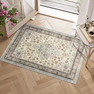 Washable Area Rug Vintage Foldable Thin Soft Low-Pile Non-Slip Stain Resistant Carpet Beige 2x3ft Indoor Outdoor