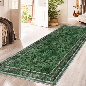 Washable Area Rug Vintage Foldable Thin Soft Low-Pile Non-Slip Stain Resistant Indoor Outdoor Carpet Green 2x6ft