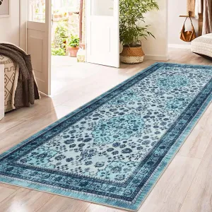 Washable Area Rug Vintage Foldable Thin Soft Low-Pile Non-Slip Stain Resistant Floor Carpet Blue 2x6ft Indoor Outdoor