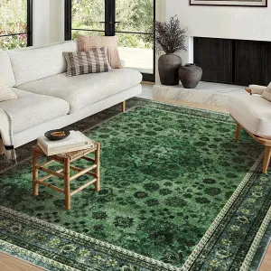 Washable Area Rug Vintage Foldable Thin Soft Low-Pile Non-Slip Stain Resistant Carpet Indoor Outdoor Green 5x7ft