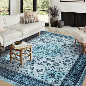 Washable Area Rug Vintage Foldable Thin Soft Low-Pile Non-Slip Stain Resistant Carpet Blue 5x7ft Indoor Outdoor
