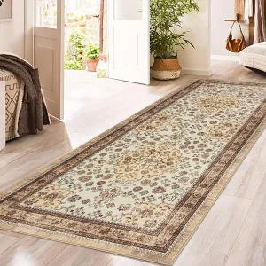 Washable Area Rug Vintage Foldable Thin Soft Low-Pile Non-Slip Stain Resistant Indoor Outdoor Carpet Camel 2x6ft