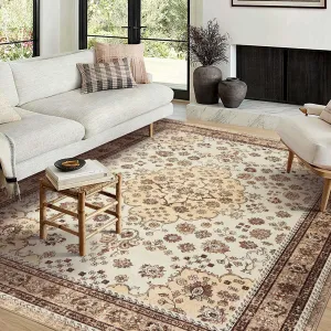 Washable Area Rug Vintage Foldable Thin Soft Low-Pile Non-Slip Stain Resistant Carpet Camel 5x7ft Indoor Outdoor