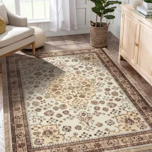 Area Rug Floral Washable Non-Slip Low-Pile Rugs for Living Room Kitchen, Lightweight, Soft, Elegant Design