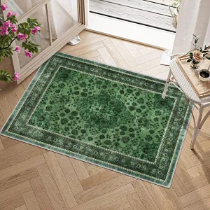 Washable Area Rug Vintage Foldable Thin Rug Soft Low-Pile Non-Slip Stain Resistant Carpet Green 2x3ft