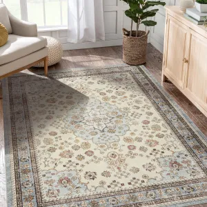 Area Rug Floral Washable Non-Slip Low-Pile Rugs for Living Room Kitchen, Soft Paisley Design, 0.3 Inch Thickness, Multi-Color